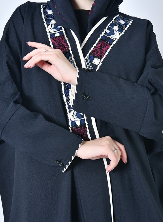HAWRAA ABAYA Navy wrap abaya, half-bisht style, with hand embroidery and beadwork along both sides of the abaya - Image 4
